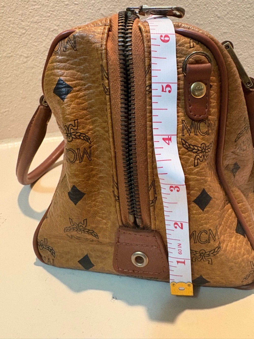 MCM Cognac Coated Canvas Satchel with Black Monogram and Gold Hardware - Picture 2 of 6